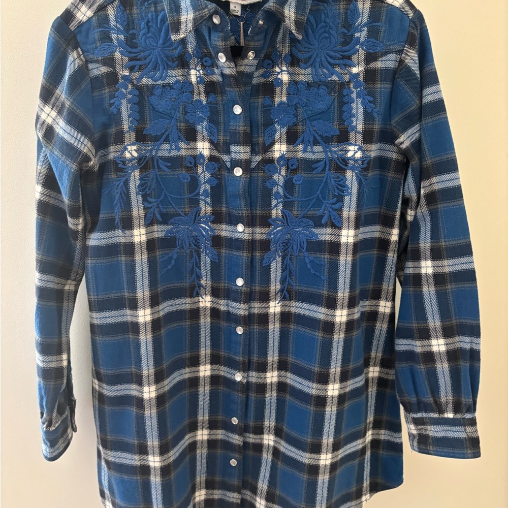 Blue Plaid Embroidered Button-Up Shirt